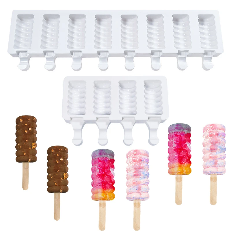 SHENHONG Silicone Popsicle Molds 4 or 8 Cavity Screw Thread Ice Cream Mold Ice Cube Tray Summer Cold Drink Dessert Baking Tools