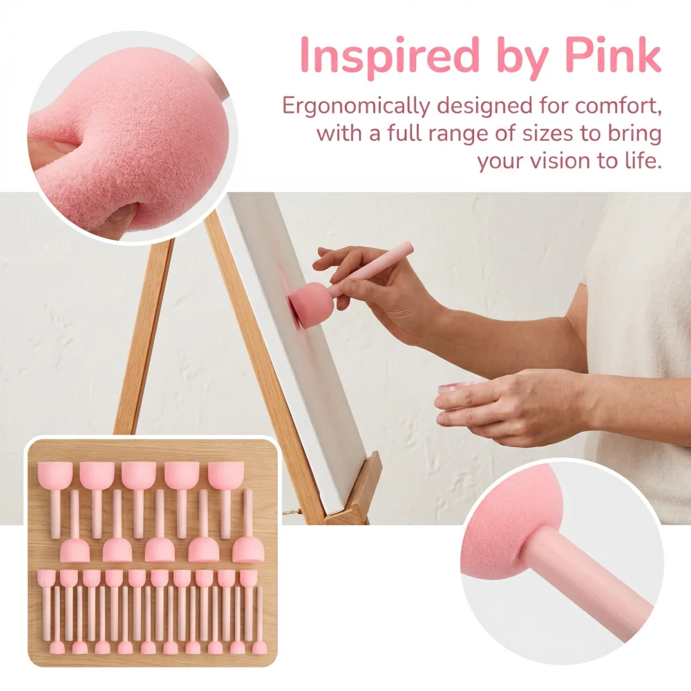 30Pcs Large Set Pink/Yellow Sponge Stamps, Washable Reusable Art Craft Brushes for Beginners & Teachers, DIY Painting Tools