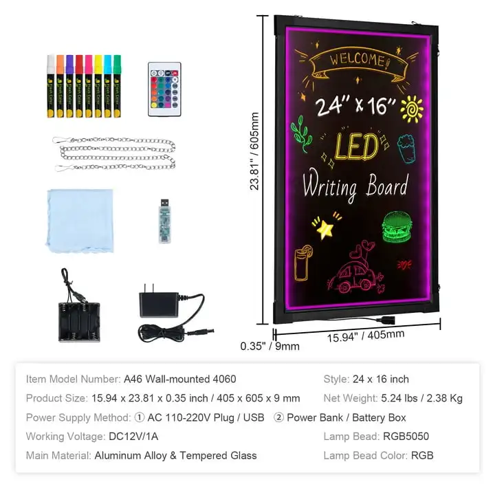 KFFKFF LED Writing Board, 24"x16" Light-Up Erasable Sign, Neon-Style Menu Display