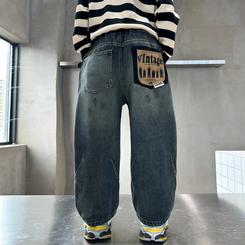 빈티지 블루 어린이 청바지, 캐주얼 하이 스트리트 데님 바지, 학교 어린이 패션, 스트레이트 컷 청바지, 십대