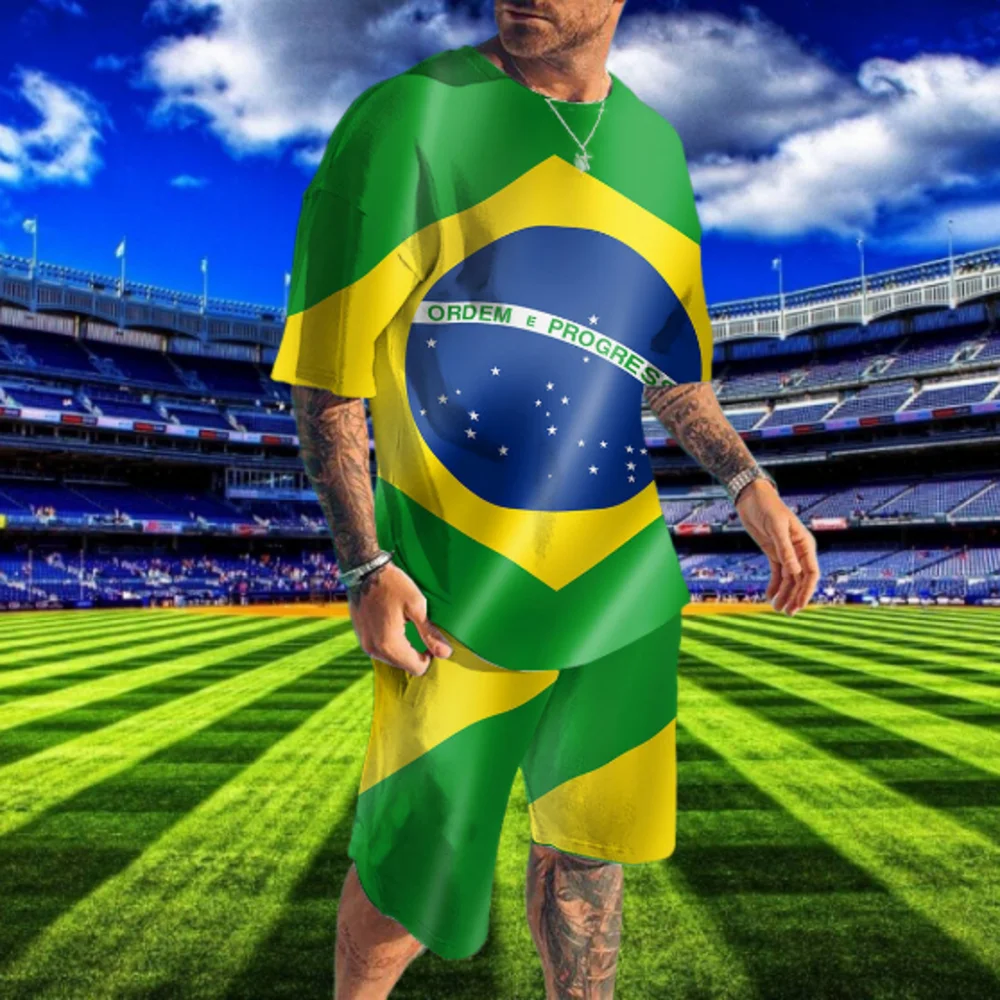 

Brazil T-Shirts Shorts Sets Brazilian Flag Emblem 3D Print Men's Fashion Oversized Short Sleeve T Shirt Pants Set Man Male Suits