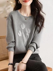 Women's Stereoscopic Flowers Hooded Sweatshirt Casual Round Neck Top Gray Clothes Simple Fashion Autumn