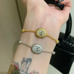 Foydjew Italian Vintage Jewelry Handmade Brushed Gold Color Bracelets Inlaid Oval Cubic Zirconia Bracelet Chain For Women