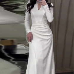 Dress Women Solid Long Dresses V Neck Full Sleeve Slim Fit Sheath Splice Regular Elegant A Line Vestidos Office Ladies 2024