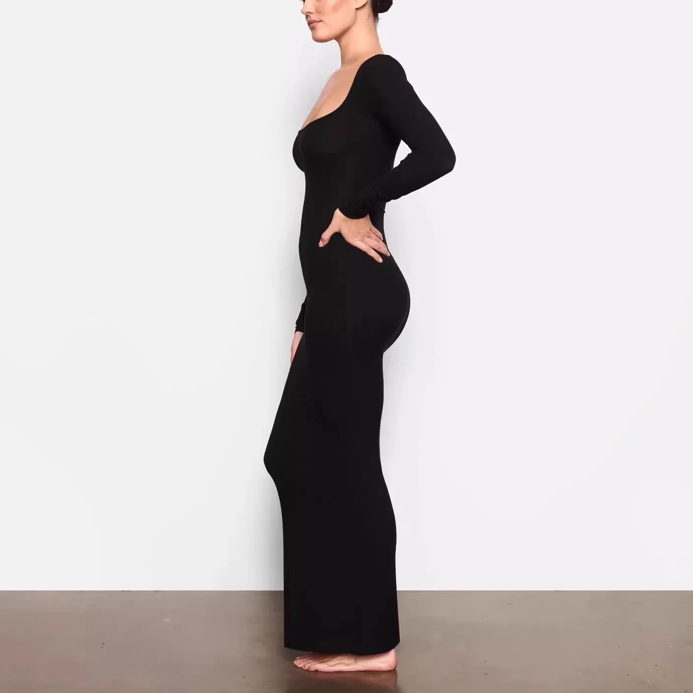 

Kardaian Long Sve Dr Square Collar Slimming Bodycon Skirt Women Sexy Pure Color Wrap around Midriff Casual Wear