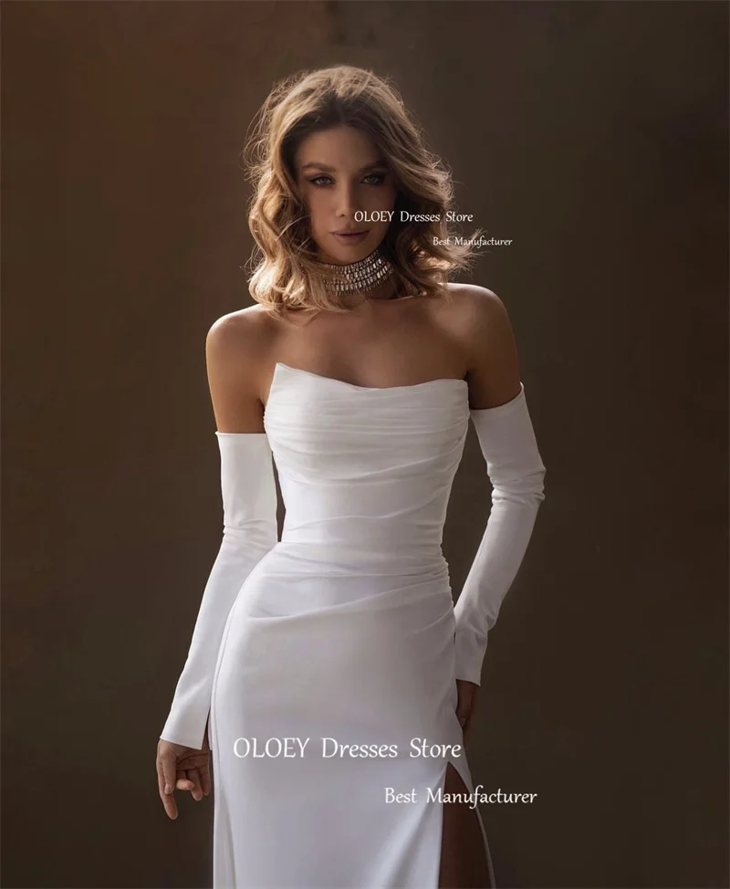 OLOEY Simple Strapless Mermaid Wedding Dresses Sleeves Long Split Chiffon&Satin Sweep Train Beach Bridal Gowns Robe de mariee