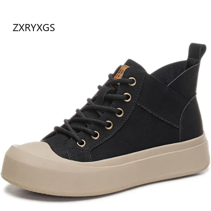 ZXRYXGS Cross Straps Genuine Leather Women's Vulcanized Shoes Boot 2024 Autumn Winter Sneakers Platform Shoes Increase Plus Size