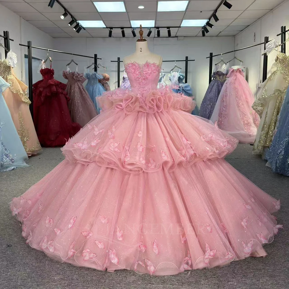 

Strapless Customized Lace Quinceanera Dresses Tiered Ball Gown Tiered Tull Wholesale vestidos de 15 quinceañeras Sleeveless
