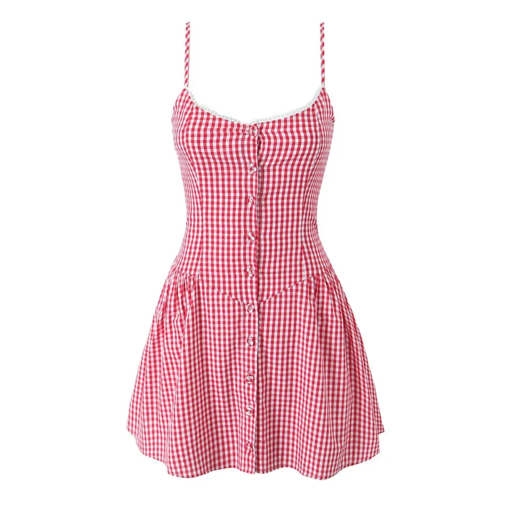 2025 Sexy Gingham Plaid Spliced Lace O neck Mini Sling Dress Women Open Through Buttons Low Waist Swing A line one-piece Dresses