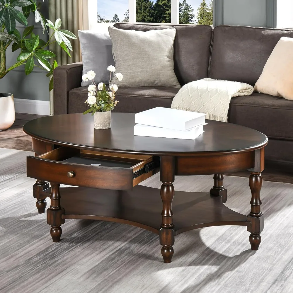 MODERION Coffee Table with Drawer, Solid Wood Oval Center Table with Storage Shelf, Traditional Living Room Table