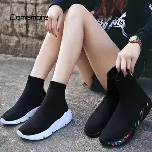 Comemore Female Socks Shoes Trainers Woman Slip-on High Top Platform Black Sneaker men 2023 Sneakers for Women Vulcanized Shoe