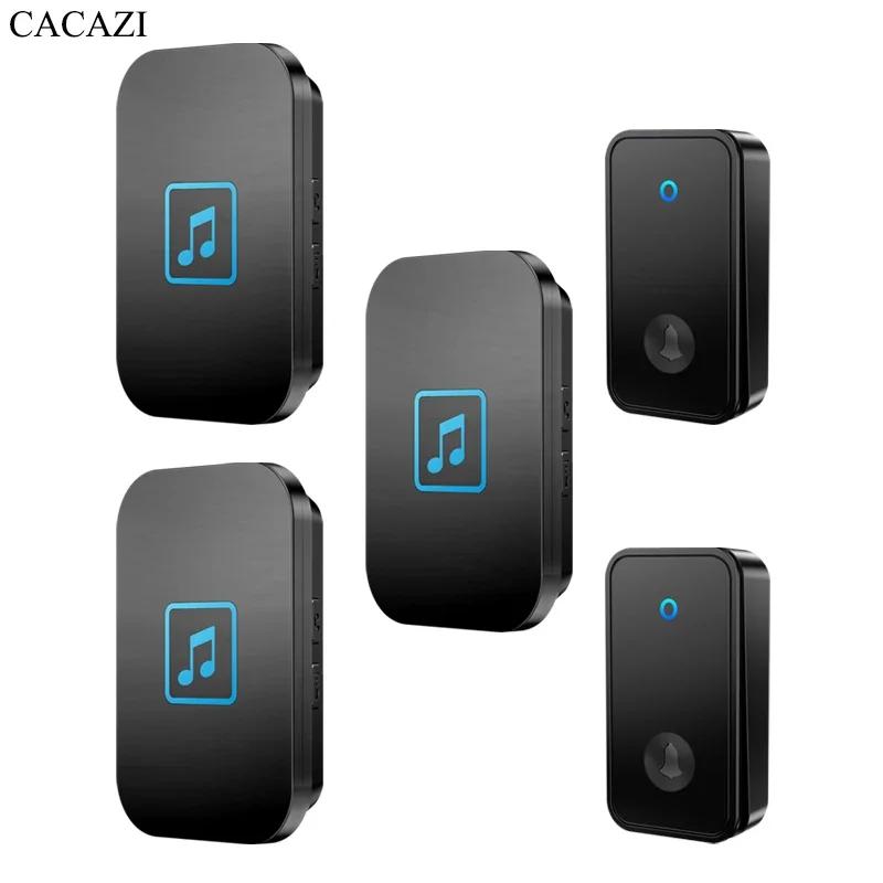 CACAZI Self-powered Outdoor Wireless Doorbell Waterproof Smart Home Door Bell Chime Kit LED Flash Security Alarm 5 levels(Black)