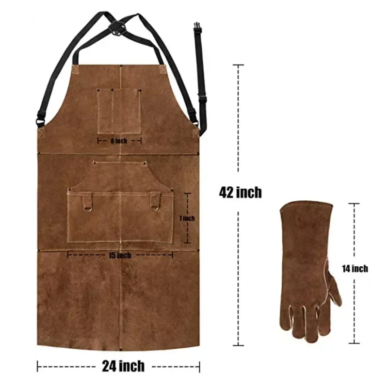 Cowhide Real Leather Work Shop Apron with 6 Tool Pockets Heat & Flame Resistant Durable Heavy Duty Welding Apron for Men Women