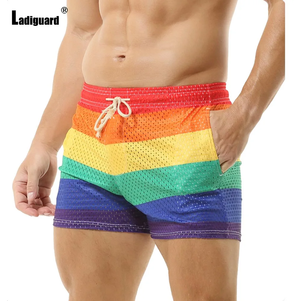 2025 New Summer Mesh Casual Running Shorts Men's Rainbow Stripes Board Shorts Men Stand Pocket Sexy Fitness Beach Short Pants