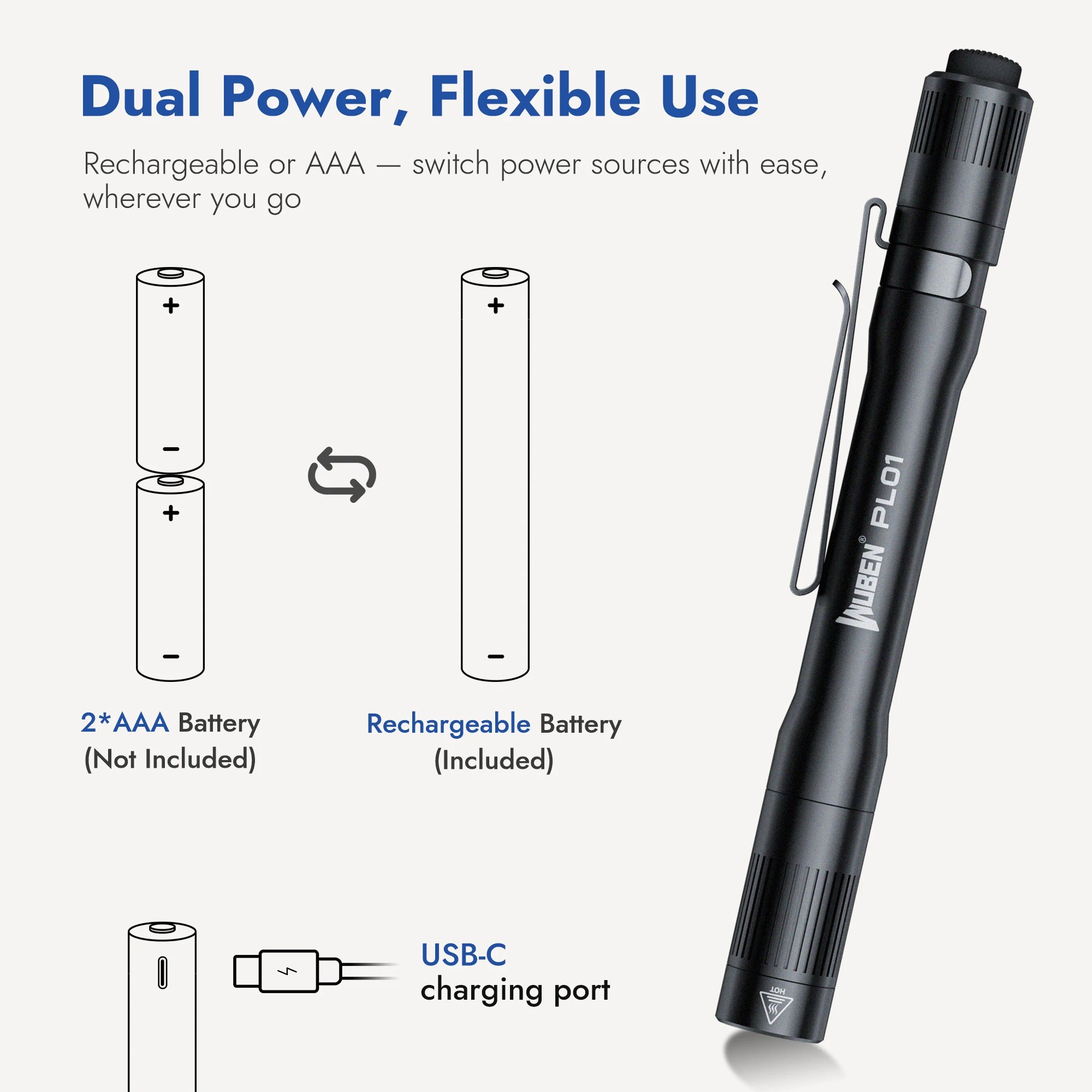 WUBEN PL01 Pen Light, 650 Lumens Pocket EDC Flashlight Rechargeable, IP68 waterproof, Compatible 2 AAA Battery for Home, Outdoor