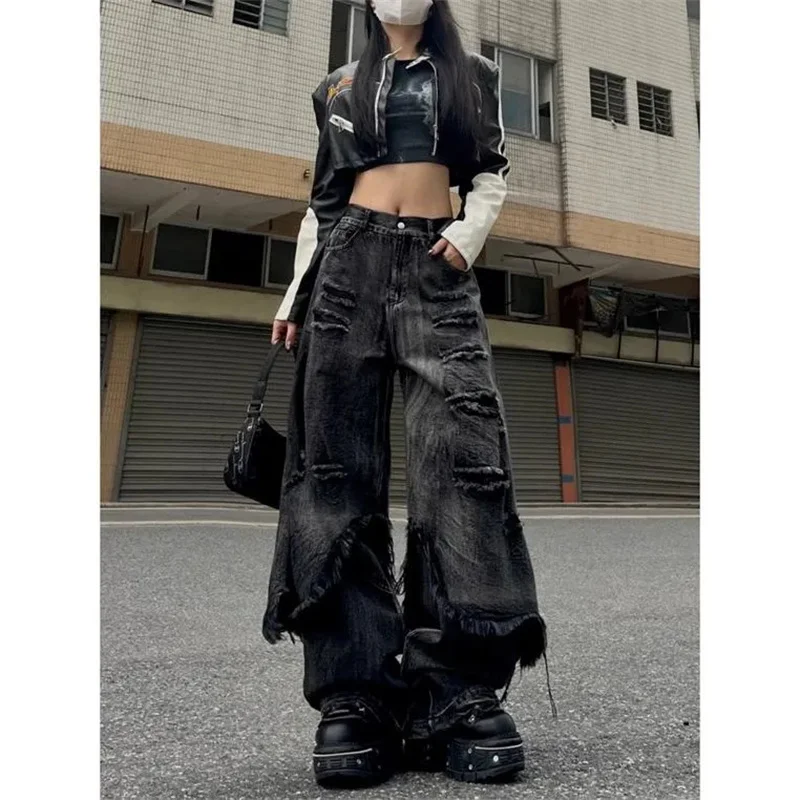 

High Street Fake Two Piece old Workwear 2025 Spring and Autumn New Loose Jeans Women Wide Leg Street Hip-hop Rough Edge Pants WF