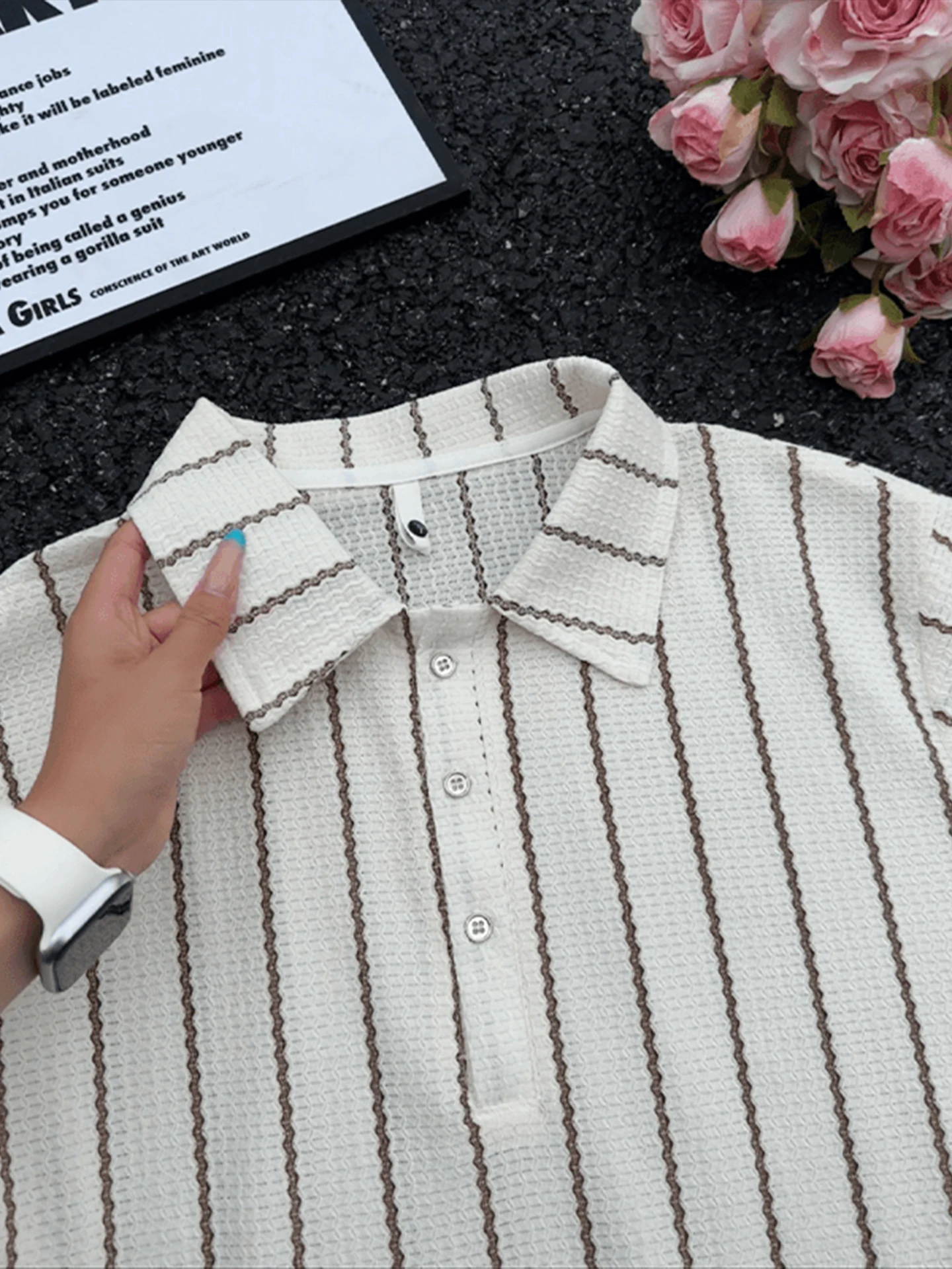Men's  Shirt Stripe Half Sleeve Turn-down Collar Breathable Loose Fit Summer T-shirt American Color Block Shoulder Level