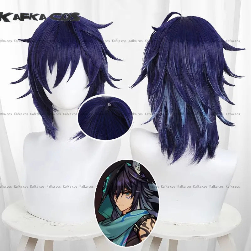 Peluca de Cosplay Genshin Impact orororon para hombres y mujeres, pelo corto azul oscuro, resistente al calor, sintético, Halloween