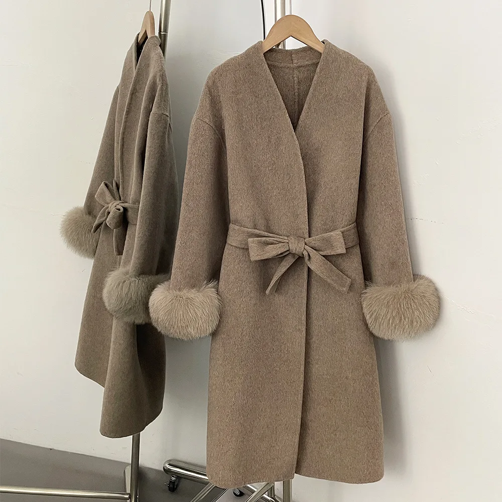 معطف صوفي متوسط الطول للنساء من الصوف لعام 100% قابل للفصل وياقة من فرو الثعلب الحقيقي للسيدات برباط على الوجهين ملابس خارجية من الصوف #3