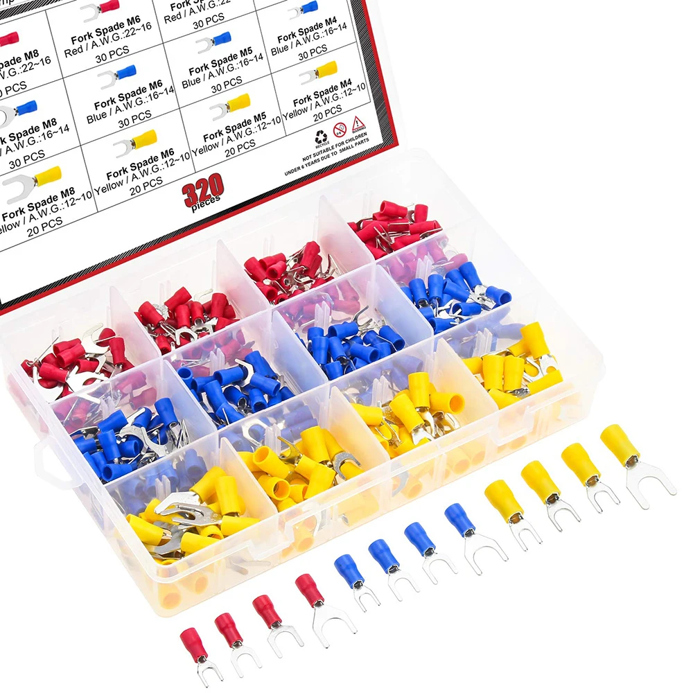 

320PCS 22-16/16-14/12-10 Gauge M4 / M5/ M6 / M8 Fork Spade Quick Splice Crimp Terminals Connectors Assortment Kit