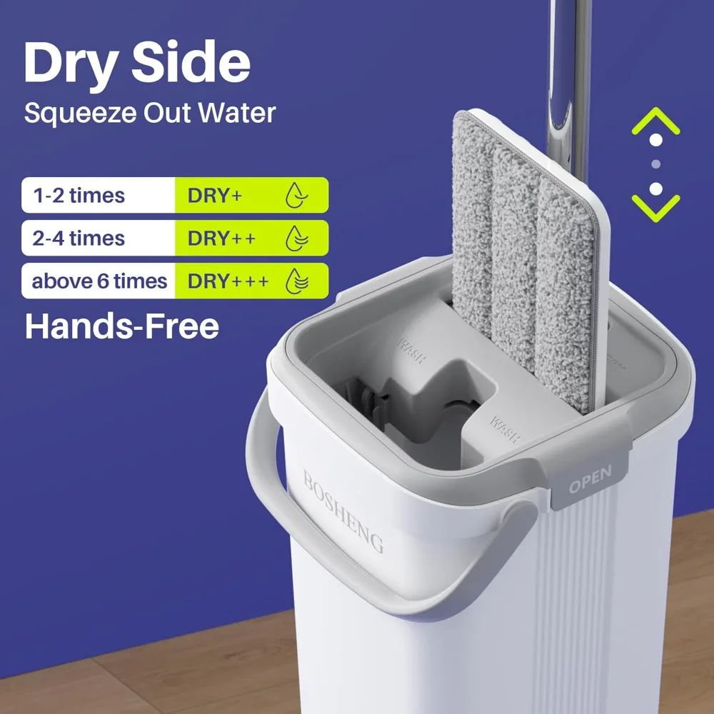 Flat Mop and Bucket Set with Extendable Handle, Microfiber Pads for Hardwood Floors and Walls