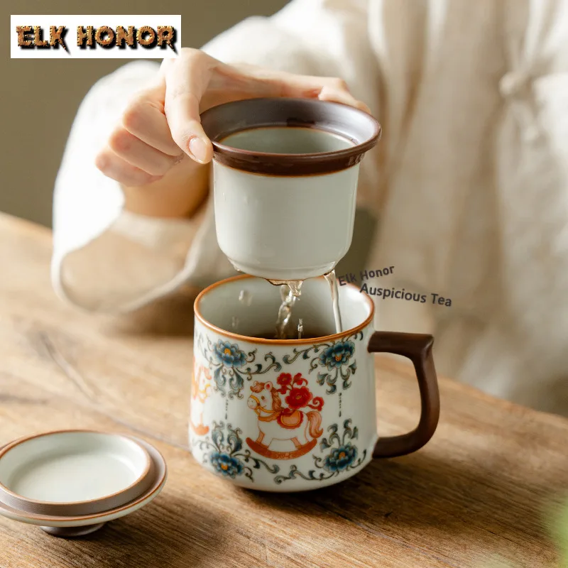 330ml Ru Kiln Horse Blessed Filter Tea Separator Cup Vintage Tea Mug With Infuser Handgrip Cup Tea Brewing Office Water Cup Gift
