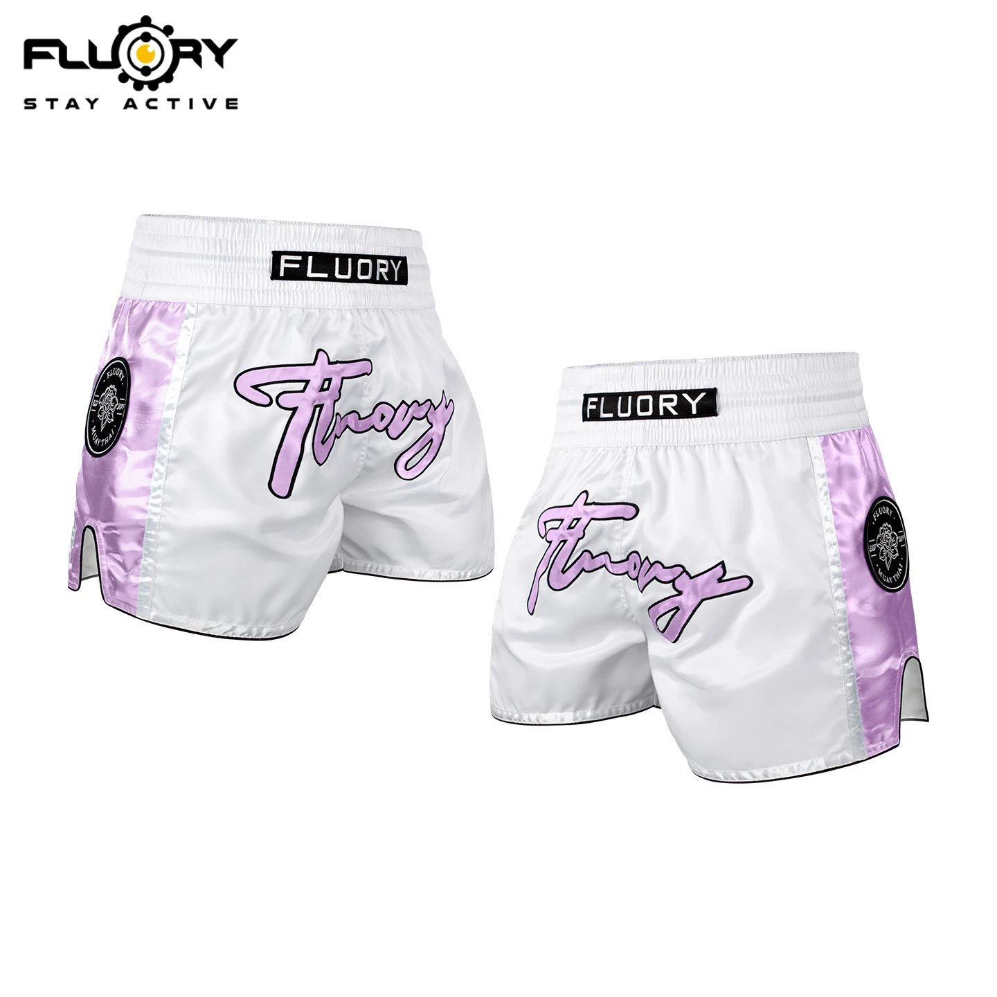FLOORY Minimalist Contrast Leather Embroidered Muay Thai Shorts Comfortable Boxing Shorts Gym Training Shorts Muay Thai Shorts