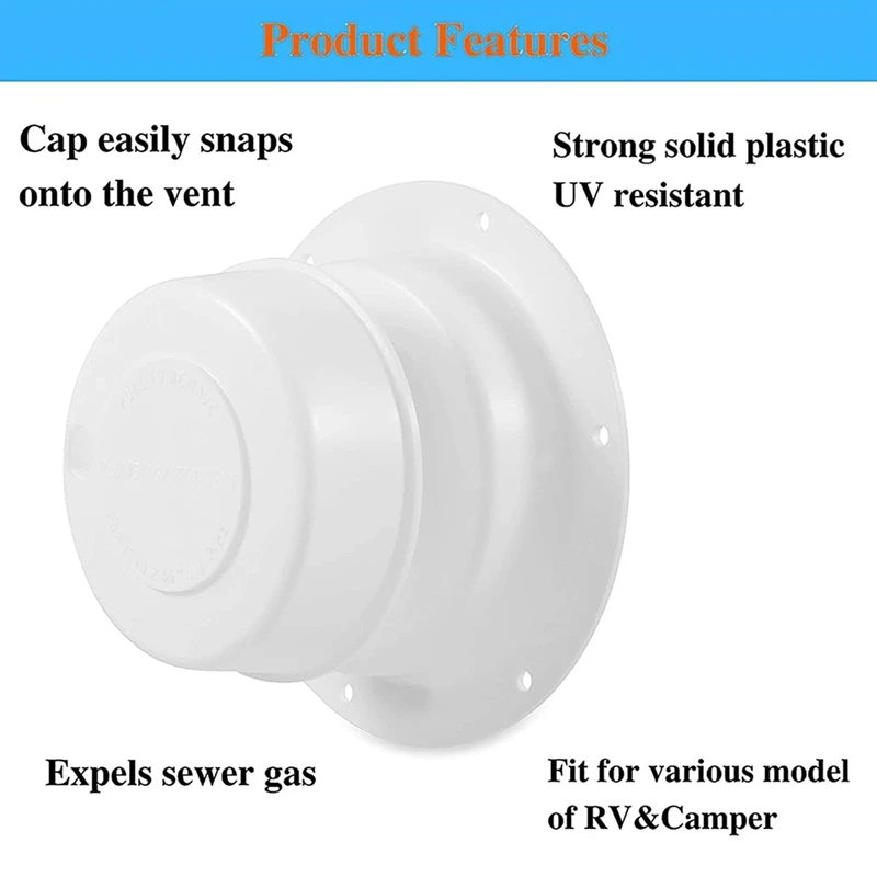 2X RV Plumbing Vent Cap RV Roof Vent Cap RV Roof Sewer Vent Cover For 1 To 2 3/8 Inch Pipe HJ403 White