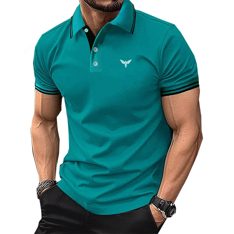 Men's Solid Color Short Sleeve Polyester Polo Shirt Fashionable Daily Whit Logo Printed Wear Suitable for Middle-Aged Summer