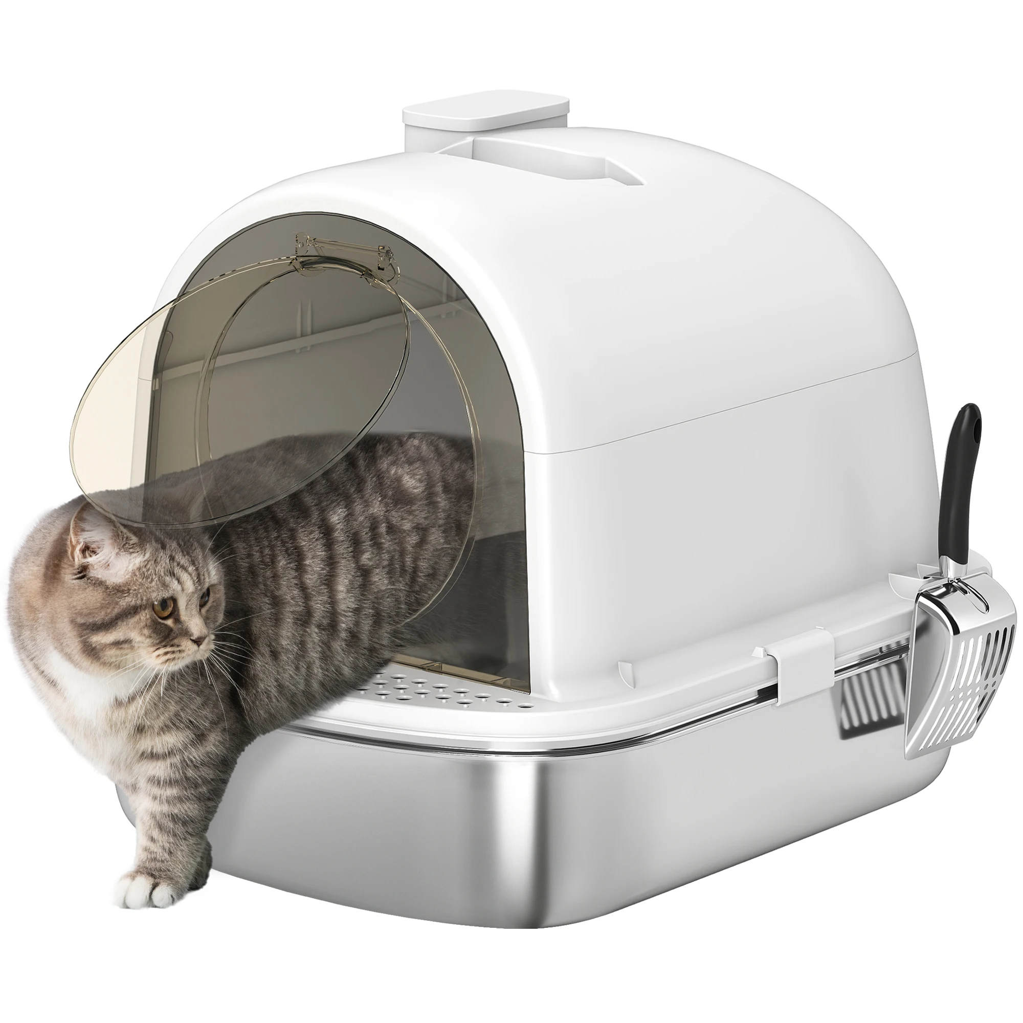 Pawhut RVS Kattenbak met Afdekking en Geurwerende Zak