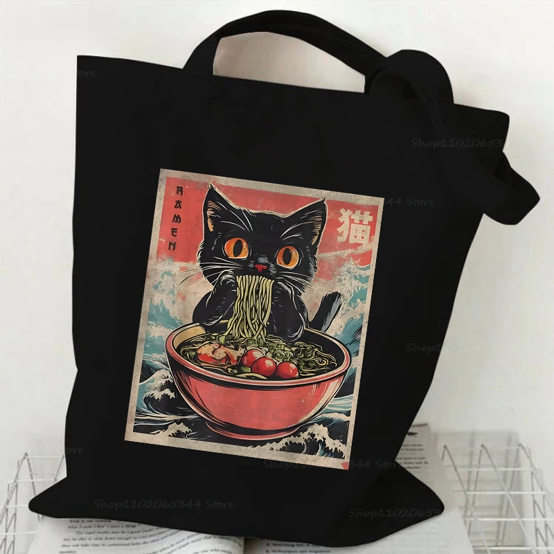 Watercolorful Cat Ramen Noodle Shoulder Bag Women Men Japanese Anime Ramen Cute Cat Canvas Beach Tote Bags Teen Travel Handbag