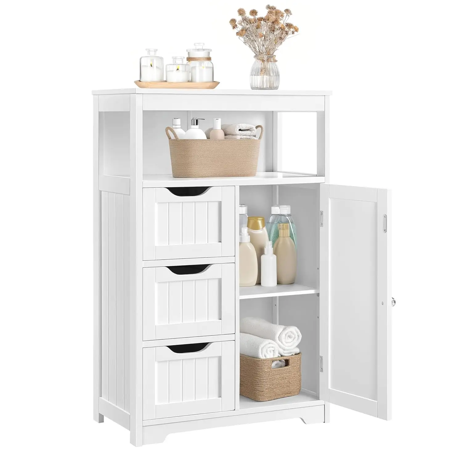 

Bathroom Floor Cabinet Wooden Storage Organizer with 1 Door and 3 Drawers, Free-Standing Cupboard for, Customized