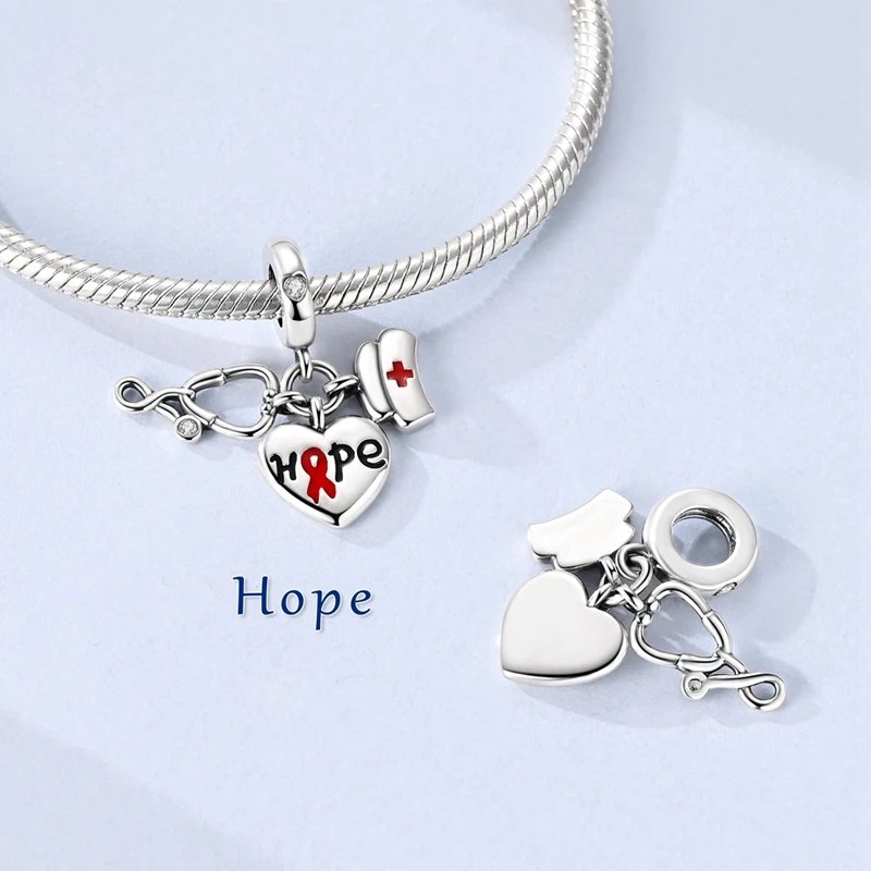 925 Sterling Silver Nurse Hat Stethoscope Heart Charms Bead CZ Zircon Dangle Fit Original Bracelet DIY Jewelry Gift