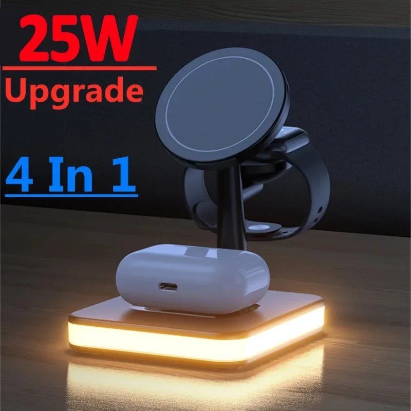 25W 4 In 1 Magnetic Wireless Charging Station LED Night Light Foldable Charger Stand for iPhone Watch Airpods Multi Device Dock