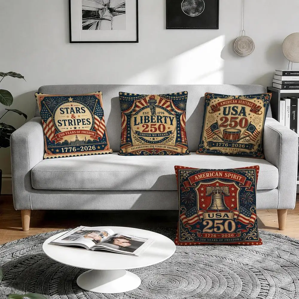 USA 250 Patriotic 1776-2026 Independence Cushion Cover Natural Breathable Durable Linen Printed Decor Pillow Case Sofa Bedroom