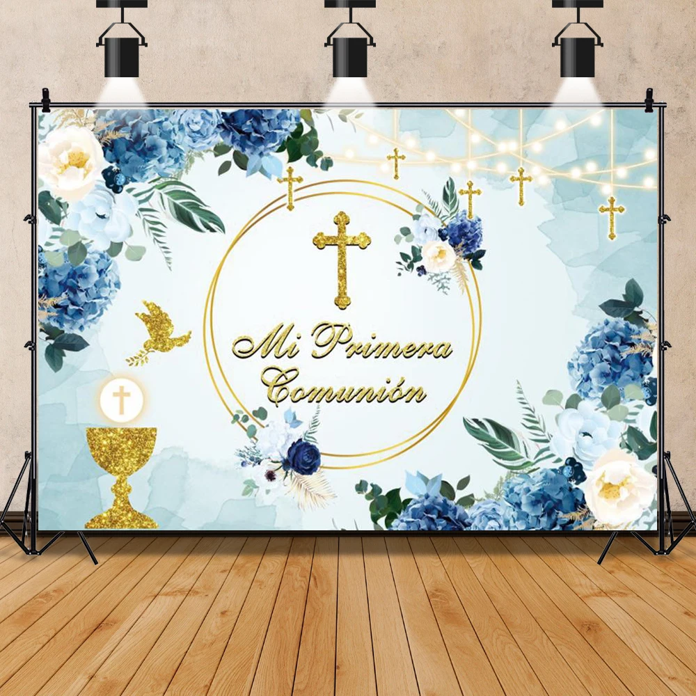 Mi Bautizo Gold Cross Backdrop Newborn Christening Girl Boy First Holy Communion Decor Flower Grail Dove Photography Background