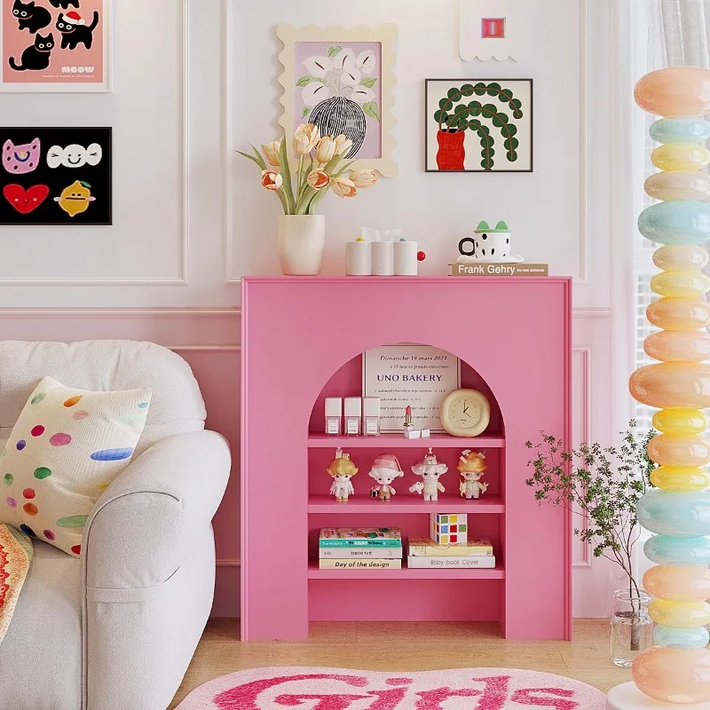 Pink Decorative Fireplace Console Table Entryway Shelf with Storage Cabinet Narrow Display Organizer for Living Room/Entryway
