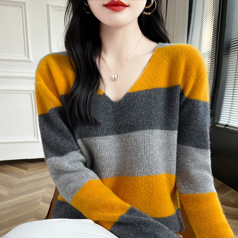 Autumn and Winter New Women's Sweater 100% Merino Wool Sweater Cashmere V-neck Color blocked Thick Knitted Loose Fashion Top