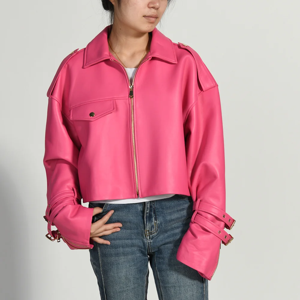 Jxwatcher-Manteau en peau de mouton véritable pour femme, veste en cuir véritable pour femme, combinaison surdimensionnée, imbibée, mode automne et hiver 2024