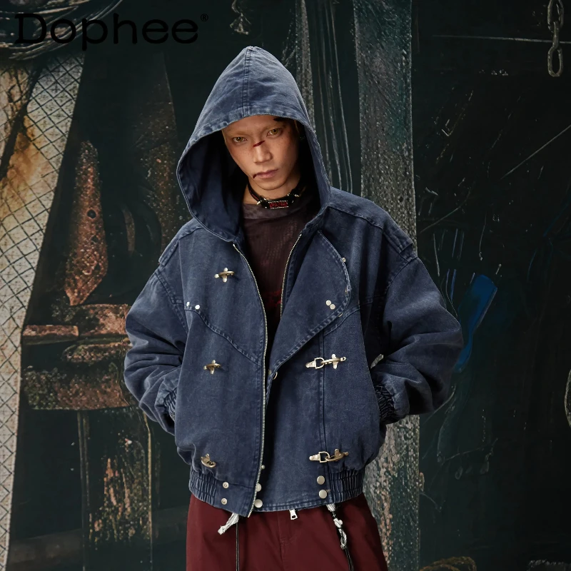 

Men's 2026 Spring New Fashion Jackets Airplane Buckle Decoration Hooded Denim Jackets Solid Color Long Sleeve Chic Denim Coats