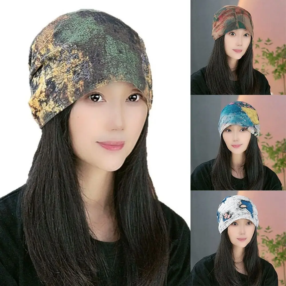 Fashion Oil Painting Style Beanie Cap Double-sided Cover Head Cap Cold-proof Windproof Ear Protection Hat for Women