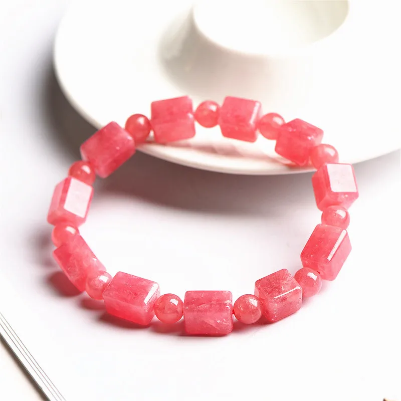 

Natural Rose Red Rhodochrosite Cube Beads Bracelet Bangle 8*8mm Women Men Rhodochrosite Beads Fashion AAAAA