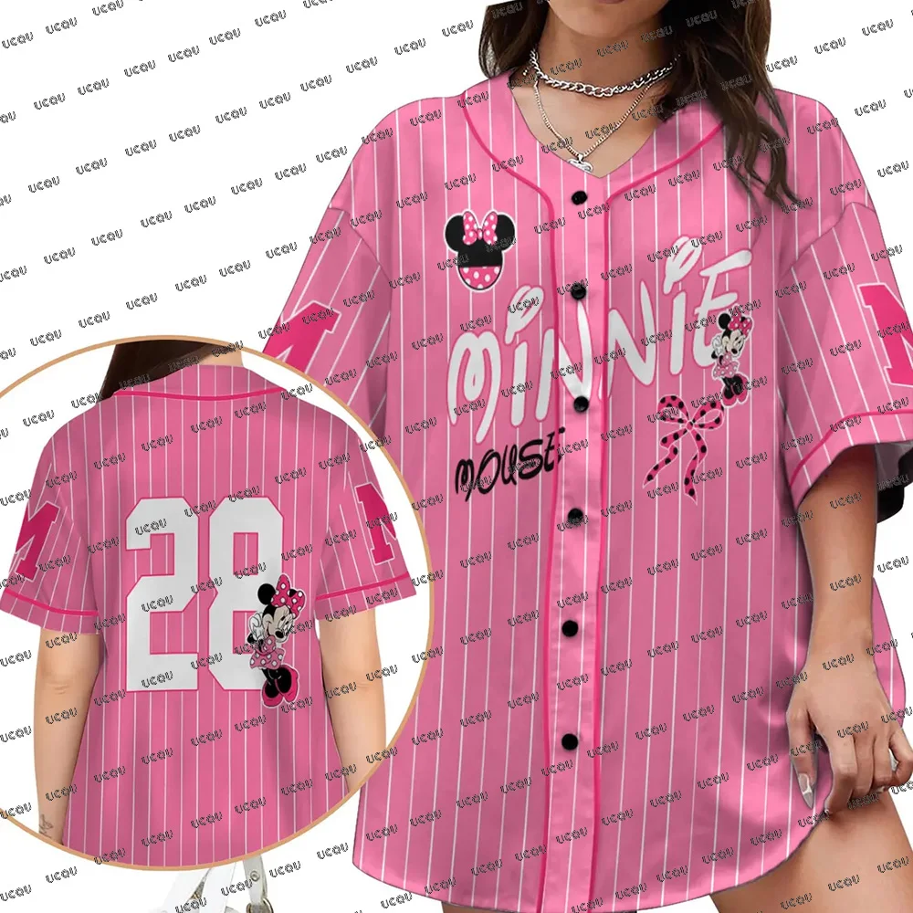 

2025 Disney Minnie Pattern Baseball Jersey For Women Disney Cartoon Print 3D Sports Baseball Jerseys Y2K Breathbale Sports Tops