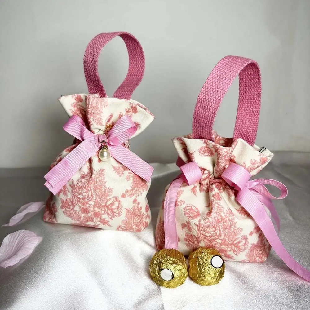

Pearl Pendant Canvas Floral Drawstring Bag Satin Bow Korean Style Festive Sugar Bag Wedding Candy Bag Jewerly Packing Bag