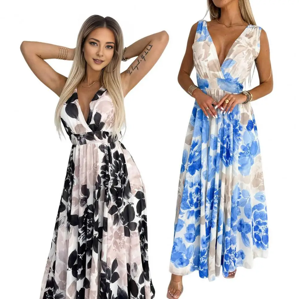 

Elegant Women Dress Women Polyester Dress Elegant Women's V-neck Maxi Dress for Summer Vacation Beach Parties Sleeveless for A