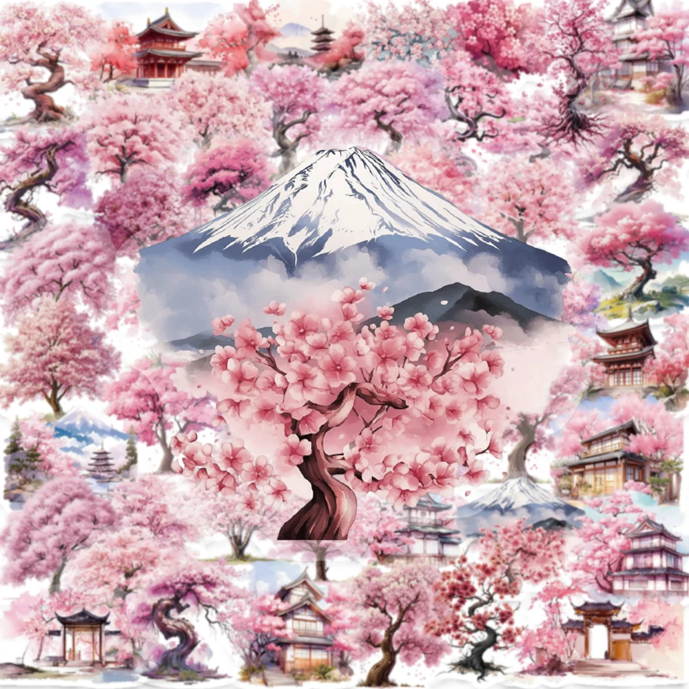 50PCS Pink Watercolor Peach Tree Art PET Stickers Romantic Decoration Stationery Box Water Cup Pen Holder Scrapbook Gift Sticker