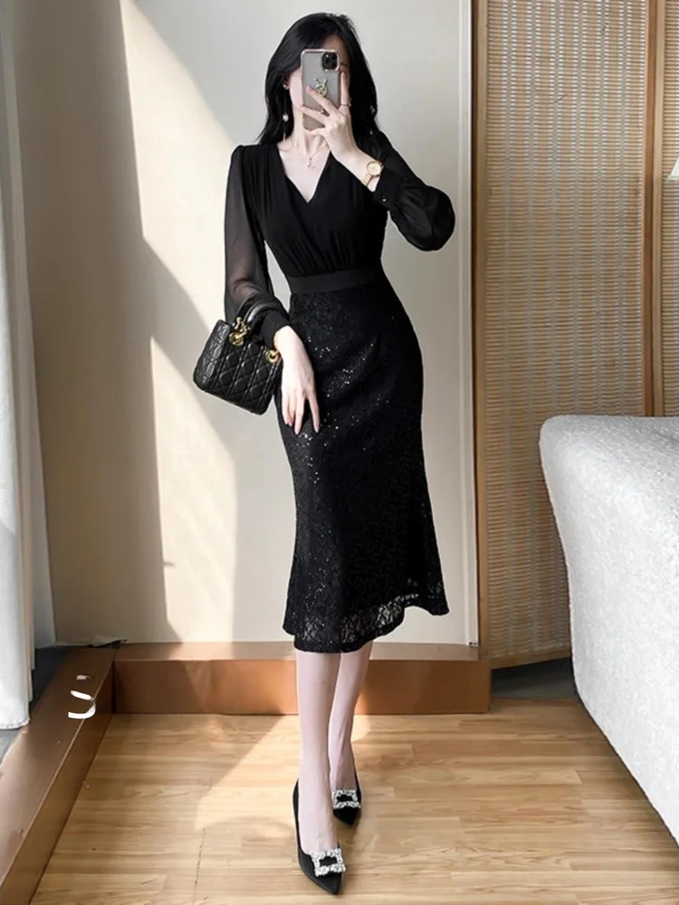 Ele Slimming Evening Dr Women's Faionable Godd Sle Autumn Luxury Sense Midi Dr for Par And Wedding