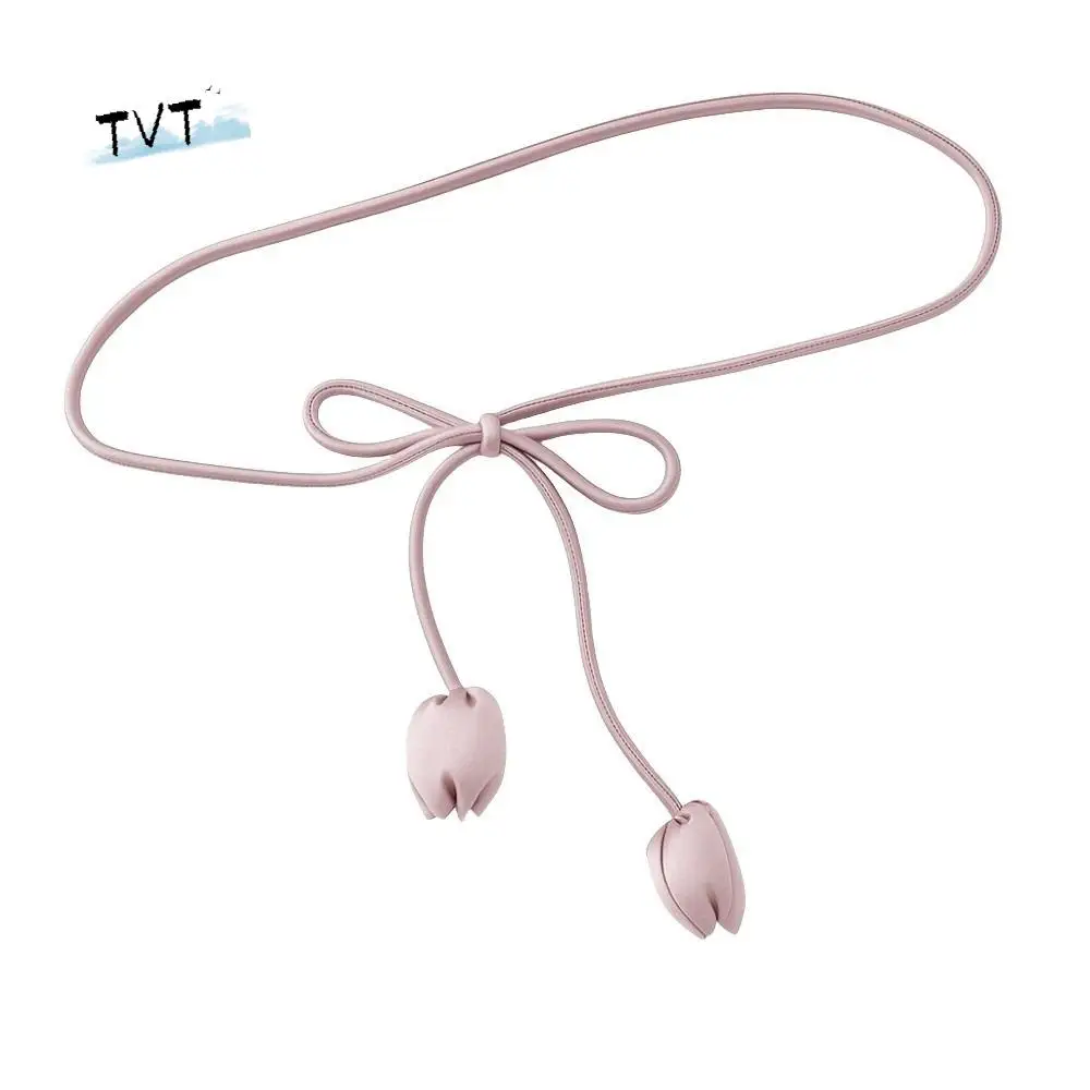 

Fashion PU Leather Tulip String Waistband Round Shape Long Knotted Dress Belt Tie Up Strap Flower Waist Rope Dress Tie