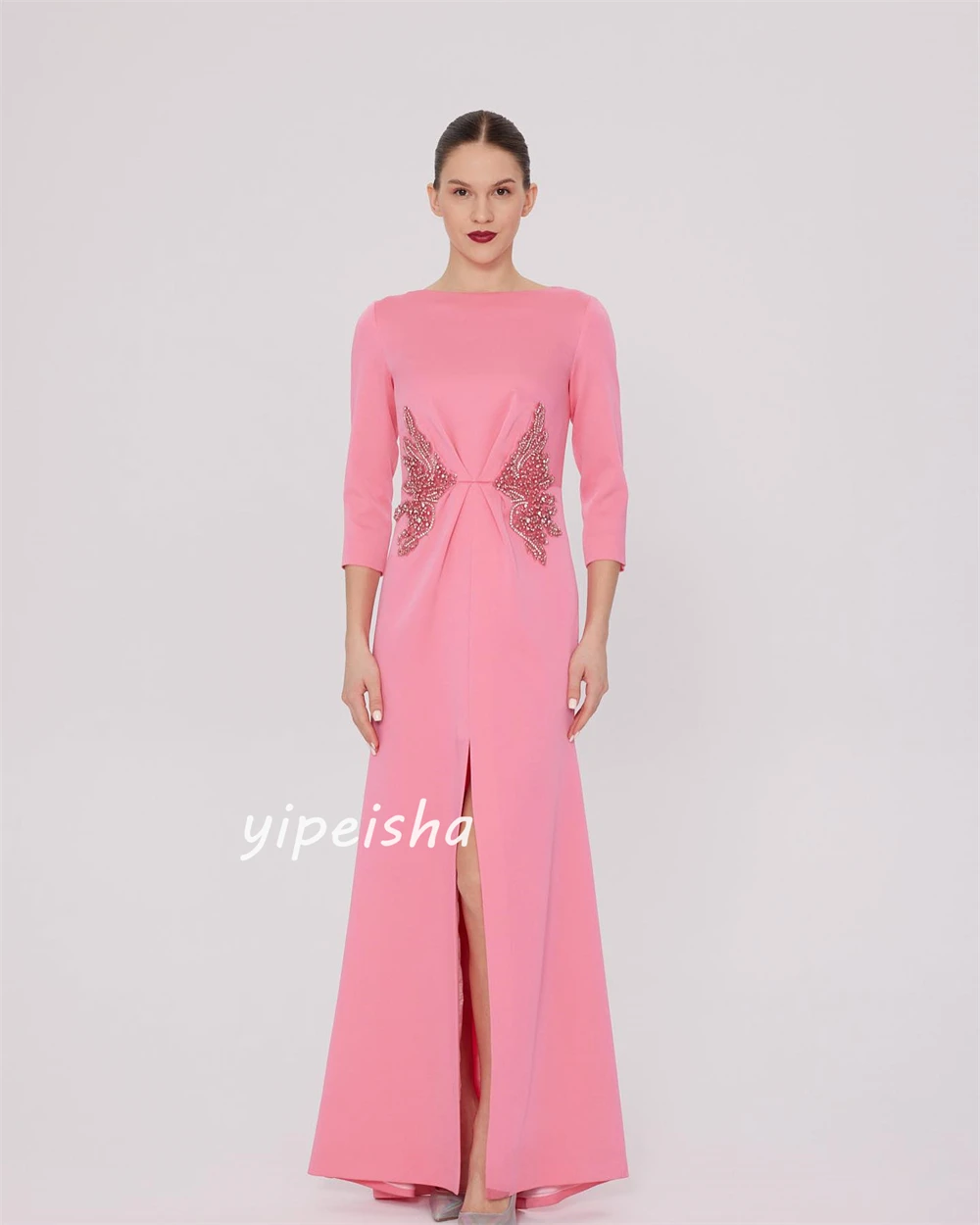 Jersey Sequined Beading Ruched Evening A-line High Collar Bespoke Occasion Gown Long Dresses