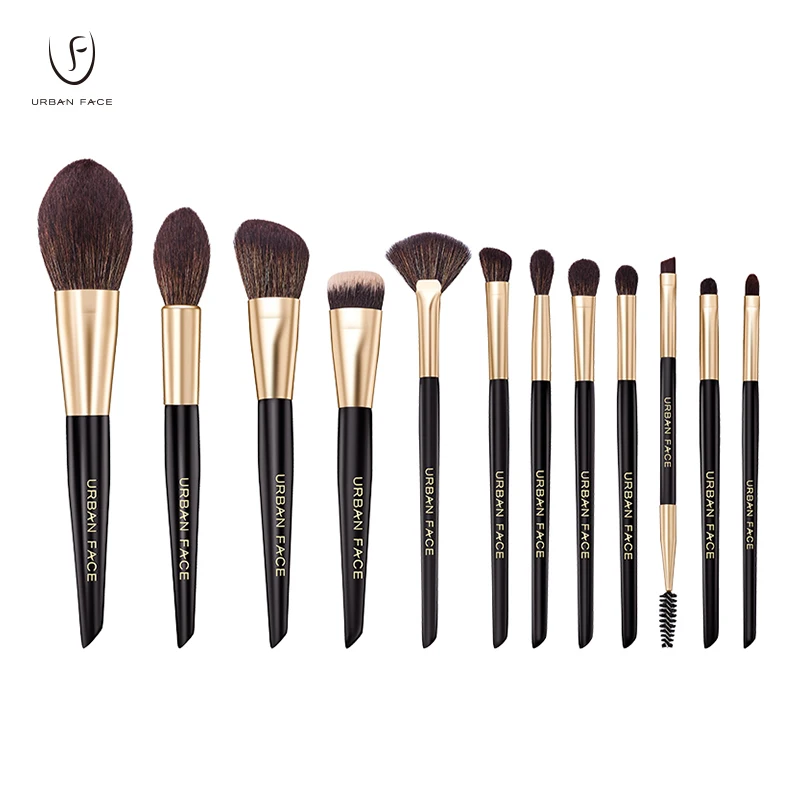 Urban Face Makeup Brush Set 10-12 Pieces Fulll Synthetic Hair Black and Gold Matte with Vegan Leather Cosmetic Bag